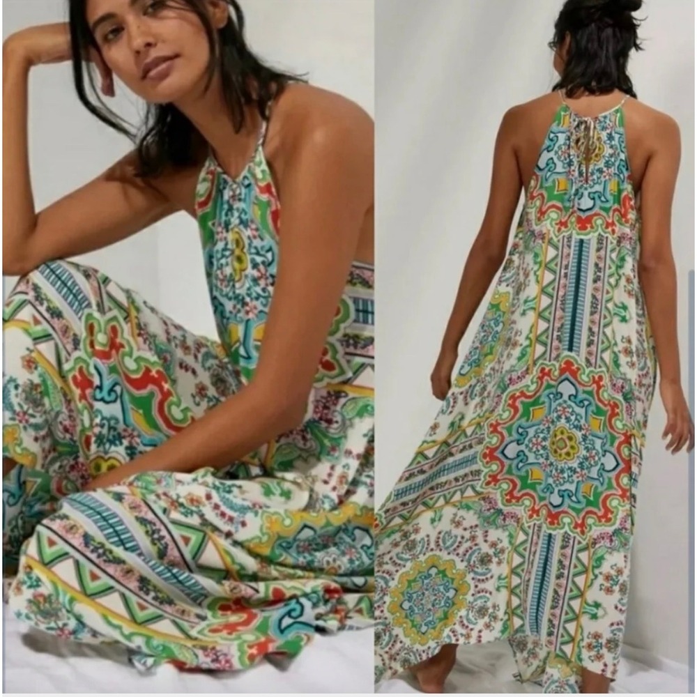 Anthropologie Ella Halter Handkerchief Maxi Dress Plus 1X  Hem Multicolor